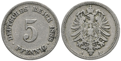 ГЕРМАНИЯ 5 ПФЕННИГОВ 1888 A, СТАРОГЕРБОВКА KM 3, J. 3 медно-никель 39-417
