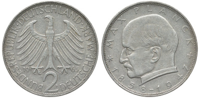 ФРГ 2 марки 1963 F, Макс Планк KM 116, J. 392 медно-никель плакированный никелем 4681-724