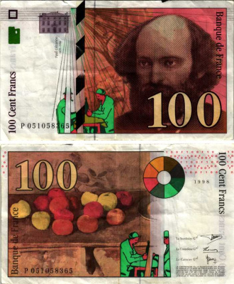 ФРАНЦИЯ 100 ФРАНКОВ 1998 ПОЛЬ СЕЗАНН, КАРТЕЖНИКИ Pick 158а бумага VF 7183-17-3-1
