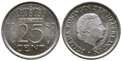 НИДЕРЛАНДЫ 25 ЦЕНТОВ 1980 ЮЛИАНА KM 183 никель 4110-1734