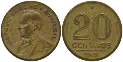 Бразилия 20 сентаво 1945 Жетулиу Варгас KM 556a алюминиевая бронза 4567-832