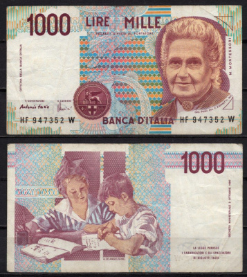Италия 1000 лир 1990 Мария Монтессори, школа Монтессори Pick 114 c бумага 8218-16-2-2