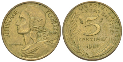 Франция 5 сантимов 1981 KM 933, Le Franc 125/17 медь алюминий никель 4164-1142