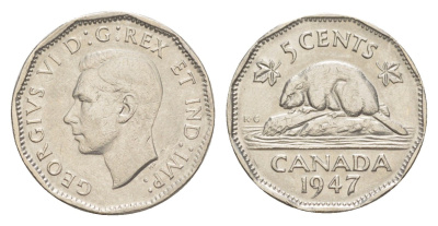 Канада 5 центов 1947 бобр, Георг VI (1937-1952) KM 39a никель 4639-426