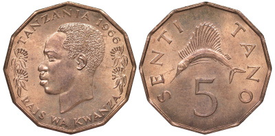 Танзания 5 центов 1966 KM 1 бронза UNC 4519-936