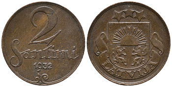 ЛАТВИЯ 2 САНТИМА 1932 ПЕРВАЯ РЕСПУБЛИКА (1918-1939) KM 2 бронза 100-1226