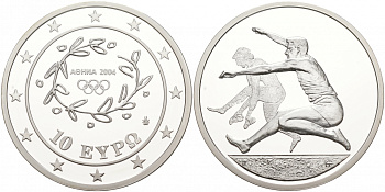 Греция 10 евро 2003 XXVIII летние Олимпийские игры 2004 года в Афинах, прыжки в длину KM 194 серебро PROOF 02-036-15