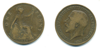 Великобритания 1 пенни 1919 Георг V (1910-1936) KM 810, Spink 4051 бронза 540-626