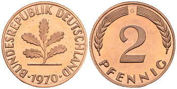 ФРГ 2 пфеннига 1970 G KM 106a, J.381a сталь плакированная медью PROOF 1094-6-85
