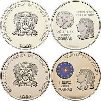Сан-Томе и Принсипи набор из 2 монет 2000 добра и 15000 добра 1997 ограниченный выпуск, в оригинальном буклете, с сертификатом, флаг Швейцарии KM 95, 101 серебро  PROOF  4-3-1-03