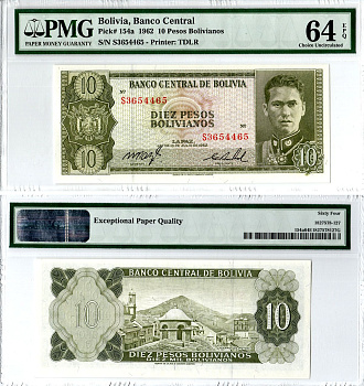 Боливия 10 песо 1964 в слабе PMG 64 Pick 154 a (17) бумага UNC (пресс) 452-2-108