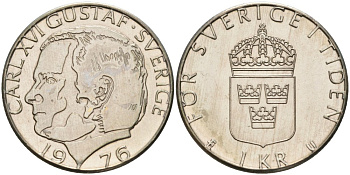 Швеция 1 крона 1976 U, Карл XVI Густав (1973- ), в лаке KM 852 медно-никель 4557-424