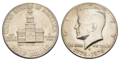 США 1/2 доллара (50 центов) 1976 D, 200 лет независимости, Джон Кеннеди KM 205 медь плакированная медно-никелем aUNC 4545-743