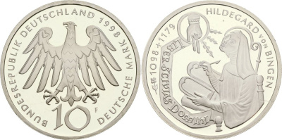 ФРГ 10 марок 1998 G, 900 лет со дня рождения Хильдегарда Бингенская KM 189 серебро PROOF 00-000-00