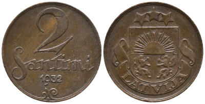 ЛАТВИЯ 2 САНТИМА 1932 ПЕРВАЯ РЕСПУБЛИКА (1918-1939) KM 2 бронза 100-1226