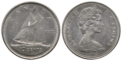 КАНАДА 10 ЦЕНТОВ 1972 ПАРУСНИК, ЕЛИЗАВЕТА II KM 77.1 никель 73-1717