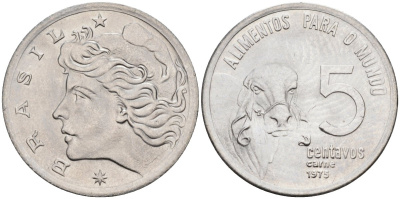 Бразилия 5 сентаво 1975 ФАО, зебу KM 587 нержавеющия сталь UNC 3996-731