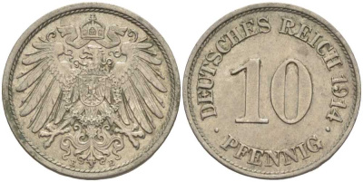 ГЕРМАНИЯ 10 ПФЕННИГОВ 1914 E KM 12, J. 13 медно-никель 33-1153
