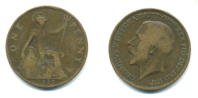 Великобритания 1 пенни 1919 Георг V (1910-1936) KM 810, Spink 4051 бронза 540-626