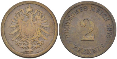 ГЕРМАНИЯ 2 ПФЕННИГА 1875 A, СТАРОГЕРБОВКА KM 2, J. 2, Weege 3 медь 212-524