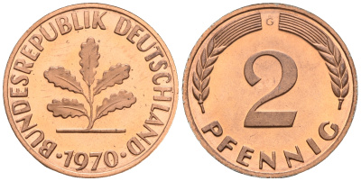 ФРГ 2 пфеннига 1970 G KM 106a, J.381a сталь плакированная медью PROOF 1094-6-85