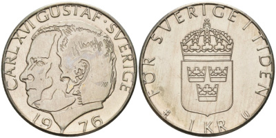 Швеция 1 крона 1976 U, Карл XVI Густав (1973- ), в лаке KM 852 медно-никель 4557-424