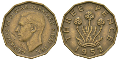 Великобритания 3 пенса 1952 Георг VI (1936-1952) KM 873, Spink 4113 никель латунь 4163-741