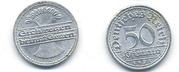 ГЕРМАНИЯ 50 ПФЕННИГОВ 1921 A KM 27, J. 301 алюминий 58-436