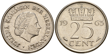 Нидерланды 25 центов 1963 Юлиана (1949-1980) KM 183 никель    4598-419