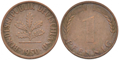 ФРГ 1 ПФЕННИГ 1950 J KM 105, J.380 сталь плакированная медью 112-924