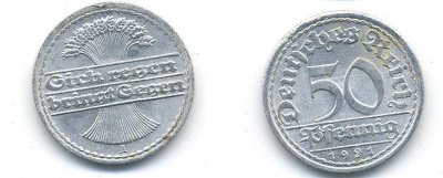 ГЕРМАНИЯ 50 ПФЕННИГОВ 1921 A KM 27, J. 301 алюминий 58-436