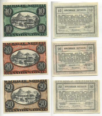 АВСТРИЯ, ВАЧАУ НАБОР ИЗ 3 БАНКНОТ 1920 30 СЕНТЯБРЯ 1920, НОТГЕЛЬД, 10, 20, 50 ГЕЛЛЕРОВ, DURNSTEIN A/D DONAU, ВТОРОЙ ВЫПУСК бумага aUNC 70-20-2