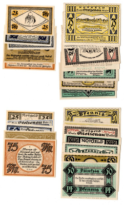 Штольценау (Пруссия, Ганновер) полный набор из 12 нотгельдов (25, 50 и 75 пфеннигов) 1921 Mehl Grabowski 1276.1 и 2 бумага UNC (пресс) 7556-58-4-2