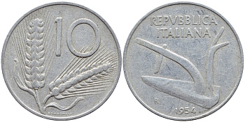 ИТАЛИЯ 10 ЛИР 1954 R, ПЛУГ KM 93 алюминий 4397-641