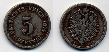 ГЕРМАНИЯ 5 ПФЕННИГОВ 1874 A, СТАРОГЕРБОВКА KM 3, J. 3 медно-никель 37-1236