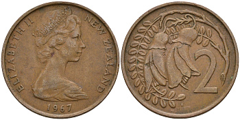 Новая Зеландия 2 цента 1967 Елизавета II (1952-2022), два цветка кохаи KM 32.1 бронза 4602-641