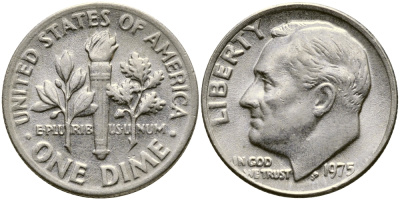 США 10 ЦЕНТОВ = 1 ДАЙМ 1975 РУЗВЕЛЬТ KM 195а медь плакированная медно-никелем 54-767