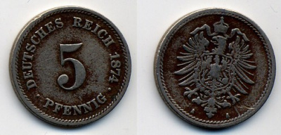 ГЕРМАНИЯ 5 ПФЕННИГОВ 1874 A, СТАРОГЕРБОВКА KM 3, J. 3 медно-никель 37-1236
