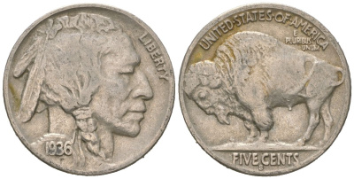 США 5 центов 1936 S, индеец, бизон KM 134 медно-никель 4614-1257