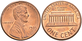 США 1 ЦЕНТ 1986 KM 201b ЛИНКОЛЬН медь цинк UNC 187-722