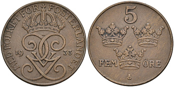 Швеция 5 эре 1933 Густав V (1907-1950), редкий год KM 779.2 бронза 4557-623