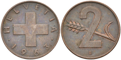 Швейцария 2 раппена 1963 В KM 47 бронза 4591-1235