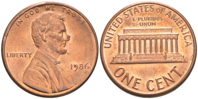 США 1 ЦЕНТ 1986 KM 201b ЛИНКОЛЬН медь цинк UNC 187-722