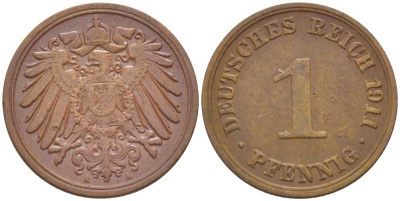 ГЕРМАНИЯ 1 ПФЕННИГ 1911 J KM 10, J. 10, Weege 2 медь 211-439