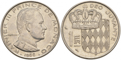 Монако 1 франк 1966 Ренье III (1949-2005) KM 140 никель 73-1423