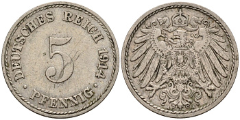 Германия 5 пфеннигов 1914 A KM 11, J. 12 медно-никель 4151-544