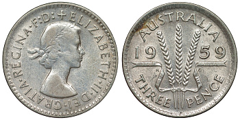 Австралия 3 пенса 1959 m, Елизавета II (1952-2022) KM 57 серебро 71-568