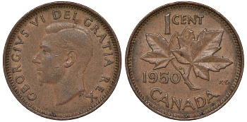 Канада 1 цент 1950 Георг VI (1937-1952), кленовый лист KM 41 бронза 4164-261