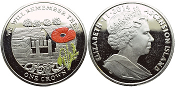 Остров Вознесения 1 крона 2014 в память героев первой мировой войны, кладбище, красный мак KM NEW медно-никель, эмаль PROOF 1071-4-64