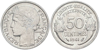 ФРАНЦИЯ 50 САНТИМОВ 1941 ТИП MORLON LOURDE KM 894.1a, LE FRANC 193.2 алюминий 44-268